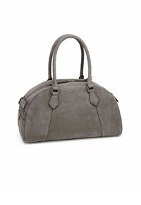 Borsa in suede grigio con due manici arrotondati, dettagli in argento e chiusura con cerniera. Presenta una forma curva e lati piatti.