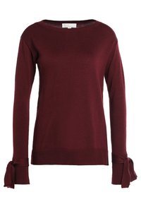 Maglione a maglia bordeaux con maniche lunghe, presenta dettagli legati ai polsini, design a girocollo e orlo a coste. Texture morbida, peso medio.