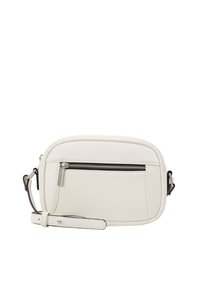 Borsa a tracolla bianca in pelle con superficie testurizzata, dotata di una tasca frontale con zip e un cinturino regolabile. Forma rettangolare semplice.