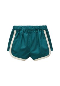 Shorts de sport teal avec des bordures blanches sur les côtés et le bas, dotés d'une taille élastique et d'un ourlet arrondi.