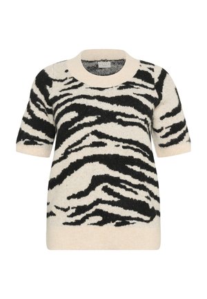Pull à manches courtes en imprimé zèbre crème et noir. Texture douce avec un col rond et des bordures côtelées pour un ajustement confortable.