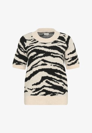 Pulover s kratkimi rokavi v krema in črni zebri. Mehka tekstura z okroglo ovratnikom in rebrastimi robovi za udobno prileganje.
