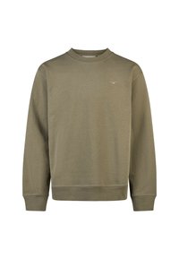 Olivenfarbener Sweatshirt aus weichem Stoff, mit Rundhalsausschnitt, langen Ärmeln und gerippten Bündchen sowie einem dezenten Logo auf der Brust.