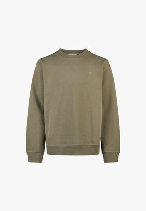 Olivenfarbener Sweatshirt aus weichem Stoff, mit Rundhalsausschnitt, langen Ärmeln und gerippten Bündchen sowie einem dezenten Logo auf der Brust.