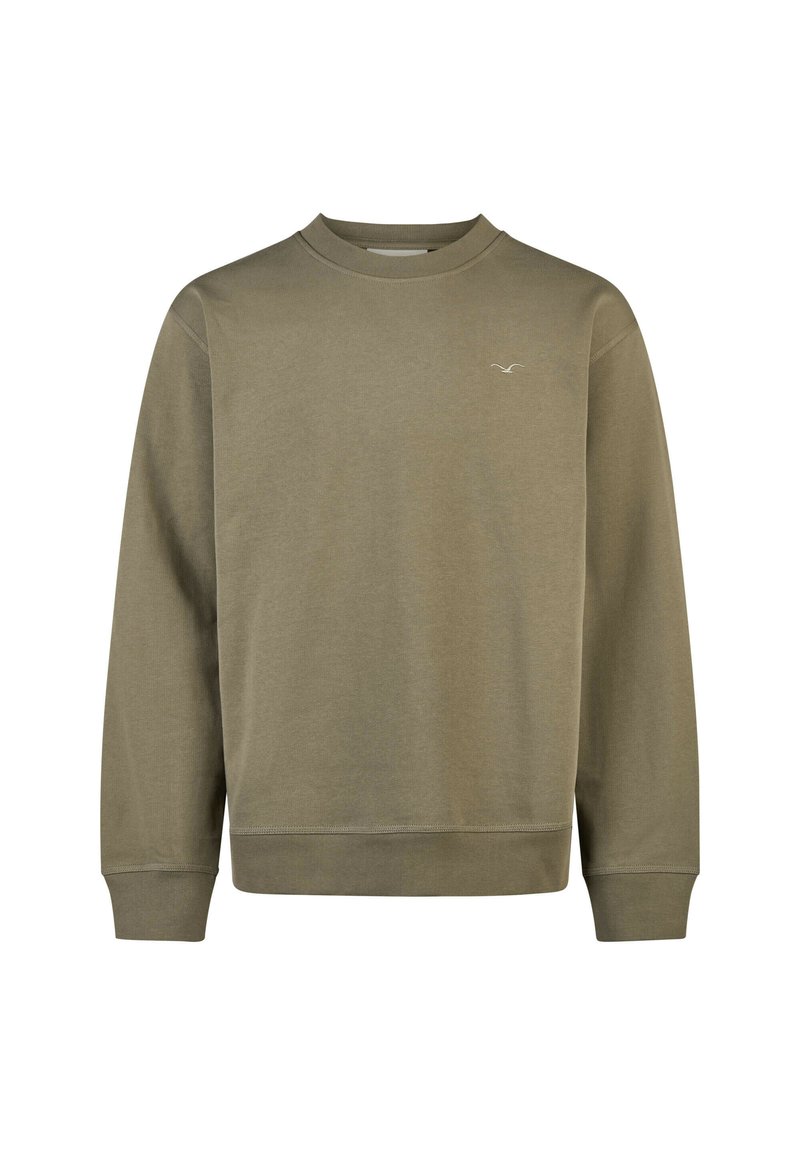 Olivenfarbener Sweatshirt aus weichem Stoff, mit Rundhalsausschnitt, langen Ärmeln und gerippten Bündchen sowie einem dezenten Logo auf der Brust.
