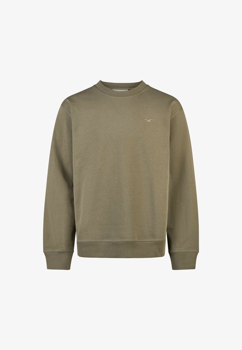 Olivenfarbener Sweatshirt aus weichem Stoff, mit Rundhalsausschnitt, langen Ärmeln und gerippten Bündchen sowie einem dezenten Logo auf der Brust.