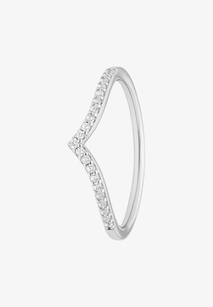 Silver ring with a contoured shape, featuring a row of small clear gemstones along one edge. Smooth, polished surface with a shiny finish.
