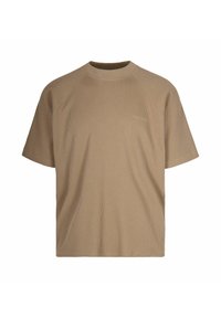 T-shirt marrone a maniche corte realizzato in tessuto testurizzato con motivo a costine. Presenta un collo a giro e un piccolo dettaglio di branding "DAILY PAPER".