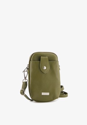 Olive green leather crossbody bag with a textured finish, snap closure, and adjustable strap. Features a silver logo plate. Compact design.