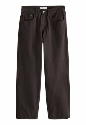 Dunkelbraune weite Jeans mit geradem Bein, ausgestattet mit einem klassischen Fünf-Taschen-Style, einem frontalen Knopfverschluss und minimalen Nähdetails.