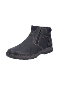 Schwarze Leder-Ankle Boots mit strukturierten Oberflächen, kontrastierender beiger Naht, einem seitlichen Reißverschluss und einem gepolsterten Kragen für zusätzlichen Komfort.