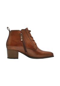 Bottine en cuir marron avec bout arrondi, fermeture éclair latérale et design à lacets. Comprend un talon empilé et une texture lisse.