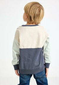 Bluza z blokami kolorów w odcieniach kremowym, jasnoniebieskim i granatowym. Miękka bawełniana tkanina z prążkowanymi mankietami i wykrojem przy szyi. Widok z tyłu.