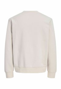 Sweat-shirt beige clair à manches longues vu de dos avec poignets et ceinture côtelés sur un fond blanc uni.