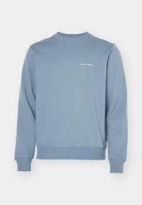 Sudadera de cuello redondo de manga larga en azul claro con puños y dobladillo acanalados, que presenta un pequeño texto blanco "Tiger of Sweden" en el lado izquierdo del pecho.