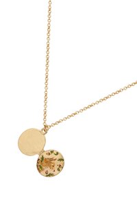 Goldkette mit zwei Anhängern: einem schlichten goldenen Kreis und einem runden Anhänger mit einer illustrierten Darstellung von einem Fuchs und Blattwerk.