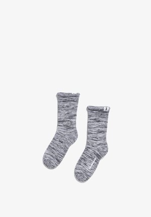 Graue und schwarze melierte Baumwollsocken mit geripptem Bund und nahtloser Zehenkonstruktion. Verfügen über ein kleines Markenlogo am Knöchel.