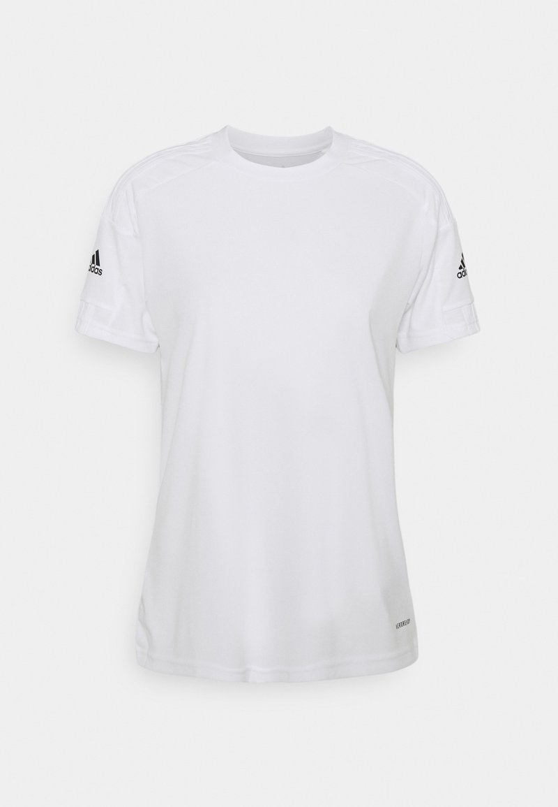 White short-sleeve athletic t-shirt featuring a crew neckline, smooth fabric, and black Adidas logo on both sleeves.