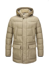 Beige gepolsterte Parkajacke mit Kapuze, ausgestattet mit zwei Fronttaschen, Druckknöpfen und gerippten Bündchen für zusätzlichen Wärme.