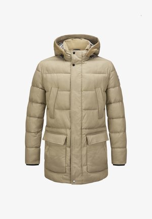Beige gepolsterte Parkajacke mit Kapuze, ausgestattet mit zwei Fronttaschen, Druckknöpfen und gerippten Bündchen für zusätzlichen Wärme.