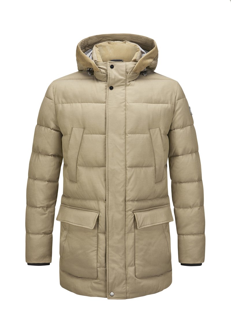 Beige gepolsterte Parkajacke mit Kapuze, ausgestattet mit zwei Fronttaschen, Druckknöpfen und gerippten Bündchen für zusätzlichen Wärme.