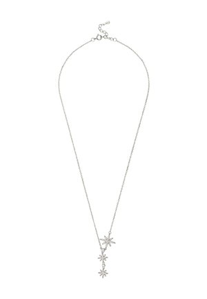 Silver chain necklace with three star-shaped pendants, each adorned with small clear crystals, arranged vertically on a white background.