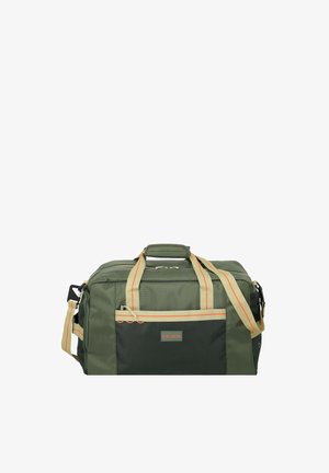 Borsa da viaggio a sacco verde e verde scuro con manici a righe beige e arancioni e tracolla regolabile, tasca frontale con zip e chiusura superiore con cerniera.
