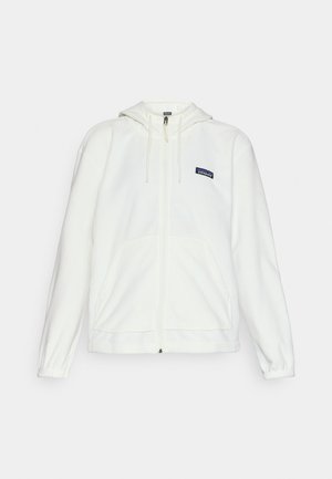Hvit fleece zip-up hettegenser med justerbar hette, kenguru-lomme, elastiske ermer og en liten blå Patagonia-logo på venstre bryst.