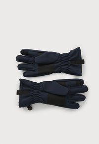 Gants bleu marine en matériau doux avec une adhérence texturée sur les paumes, des poignets élastiques et un cordon de serrage ajustable pour un bon ajustement.
