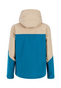 Vodotesný kabát s béžovou kapucňou a hornou časťou, s kontrastnou tyrkysovou dolnou časťou a rukávmi. Hladká textura.