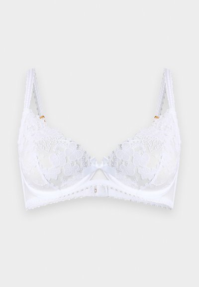 White lace bra with floral embroidery, adjustable double shoulder straps, central satin bow, and underwire support.