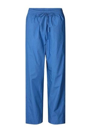 Pantaloni dintr-un material ușor, de culoare albastră, cu talie elastică, șnur reglabil, picioare largi și o textură netedă.
