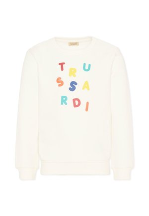 Felpa color crema con lettere colorate sparse che compongono la scritta "TRUSSARDI" sul davanti, con maniche lunghe e scollo rotondo.