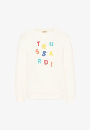 Bluza w kremowym kolorze z kolorowymi, rozproszonymi literami tworzącymi napis "TRUSSARDI" z przodu, z długimi rękawami i okrągłym dekoltem.