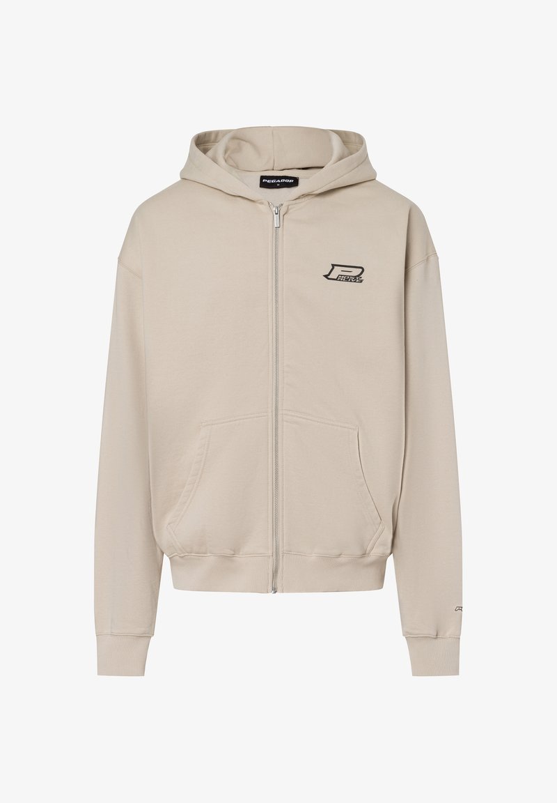 Bežová mikina na zip vyrobená z bavlny, s klokankou, žebrovanými manžetami a malým logom na hrudi. Mäkka textúra.