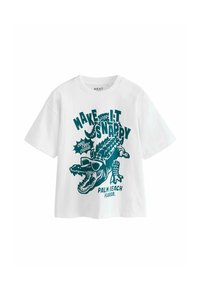 Weißes Kurzarm-T-Shirt mit einem grünen Krokodil-Graphik in Sonnenbrille, Text mit "MAKE IT SNAPPY" und "PALM BEACH, FLORIDA."