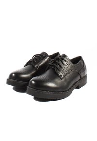 Scarpe oxford in pelle nera con una finitura liscia, dettagli perforati, design con lacci e suola in gomma resistente.