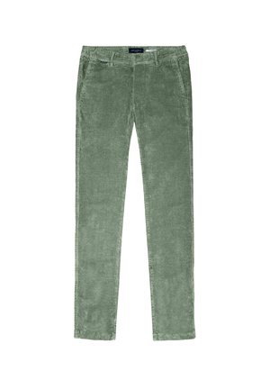 Pantalons en velours côtelé vert avec une coupe droite, des poches avant et une surface texturée. Fermés à la taille avec une boucle de ceinture.