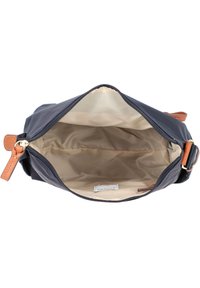 Borsa in nylon blu navy con manico in pelle beige; chiusura con zip; foderatura interna beige; scomparto spazioso con un'etichetta sul fondo.