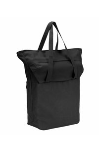 Schwarze Rolltop-Tasche aus strapazierfähigem Material, mit zwei langen Tragegriffen, einer glatten Oberfläche und einem strukturierten rechteckigen Boden.
