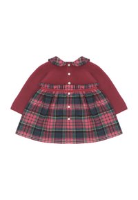 Vestido de manga larga con un cuerpo de punto burdeos y una falda de cuadros en rosa, azul marino y verde, que presenta un collar con volantes y cierre de botones.