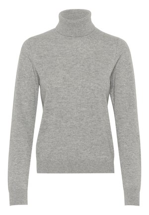 Suéter de cuello alto gris claro en tejido de punto suave, con mangas largas, un cuello ajustado y puños y dobladillo acanalados.