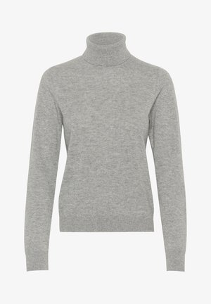 Suéter de cuello alto gris claro en tejido de punto suave, con mangas largas, un cuello ajustado y puños y dobladillo acanalados.