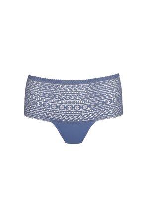 Blauwe kanten string met hoge taille, voorzien van ingewikkelde geometrische en bloemrijke patronen, met een effen stof voorpaneel en een gegolfde kanten rand.