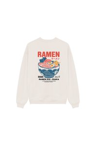 Εκρού φούτερ με γραφικό ενός μπολ ράμεν, κόκκινο κείμενο "RAMEN", ιαπωνικούς χαρακτήρες και την επιγραφή "RAMEN KAI - OSAKA" από κάτω.