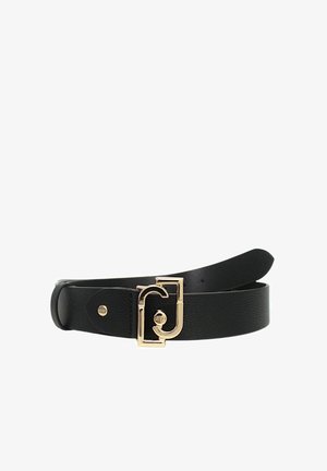 Cintura nera in pelle con finitura testurizzata e fibbia dorata lucida con un logo distintivo. Lunghezza regolabile con un design elegante.