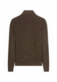 Brauner gestrickter Pullover mit langen Ärmeln, rundem Ausschnitt und strukturiertem Finish. Der Stoff weist ein dezentes Muster mit verschiedenen Farbtönen auf.