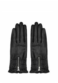 Czarne skórzane rękawiczki z wykończeniem o teksturowanej fakturze, z marszczoną mankietą oraz srebrnym zamkiem na nadgarstku, umożliwiającym regulację dopasowania.