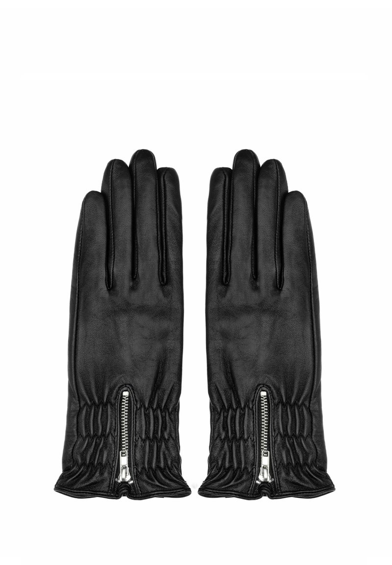 Czarne skórzane rękawiczki z wykończeniem o teksturowanej fakturze, z marszczoną mankietą oraz srebrnym zamkiem na nadgarstku, umożliwiającym regulację dopasowania.