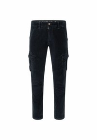 Dunkelblaues Cargo-Hose aus einem weichen Baumwoll-Mix, mit zwei großen Seitentaschen, einer taillierten Passform und einer glatten Textur.